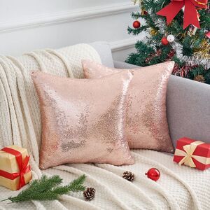 Sequin Throw Pillow Covers Pack of 2 Square Pillow Cases 16 x 16 Inch Rose Gold
